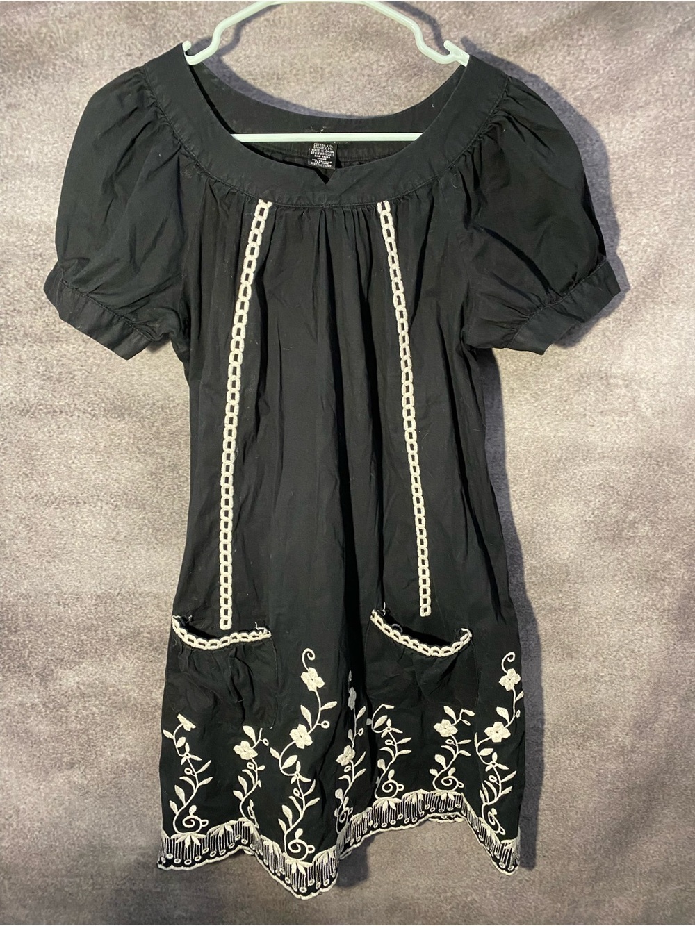 Rhapsody Women's Large Black Floral Embroidered Boho Peasant Dress